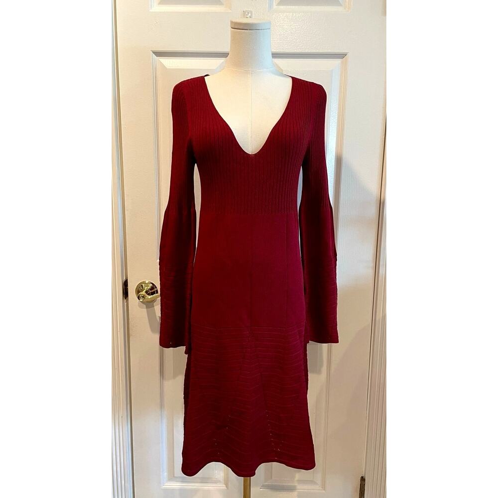 Leon Max Limited Edition Deep Red Ribbed Knit Bell Sleeve V-Neck Midi Dress S